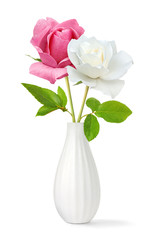 Isolated flowers. Pink and white roses in a vase on white background