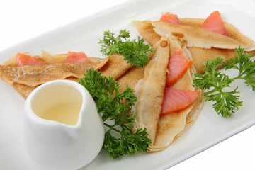 pancakes with salmon close up