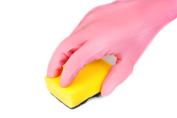 hands in glove with latex  holding sponge isolated on white