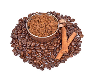 Brown sugar,Coffee beans, coffee cup, cinnamon sticks