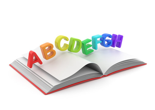 Colorful symbols of alphabet on book 3D.  Education concept. Iso