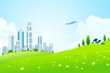 Deurstickers Vliegtuigen Groen landschap met stad