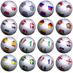 Sixteen soccer balls with flags of the 2012 European Championshi