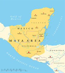 Maya area political map. Mesoamerican civilization and high culture of pre-Columbian Americas. Capitals, national borders and most important ancient cities. Illustration with English labeling. Vector.