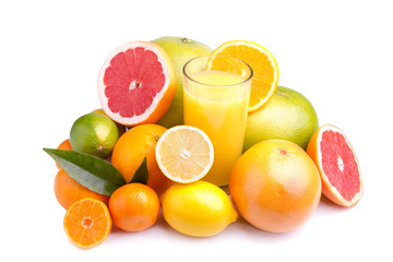 set of different citrus and juice
