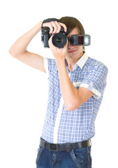 man photographer doing photos by digital camera