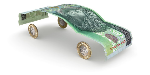 Car made of zloty note and coins - obrazy, fototapety, plakaty