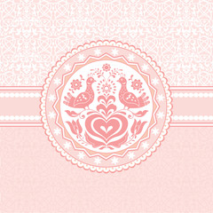 Birds and heart folk style pink greeting card