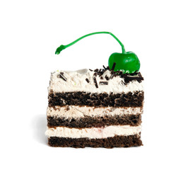 chocolate cake, decorated with mint green marzipan cherries