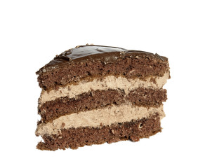 Piece of chocolate cake on white isolated background