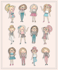 Cartoon girls. Fashion children. Set of cute girls with fashiona