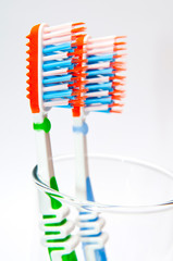 two toothbrushes in a glass beaker