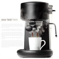 Stylish black coffee machine with a white cup