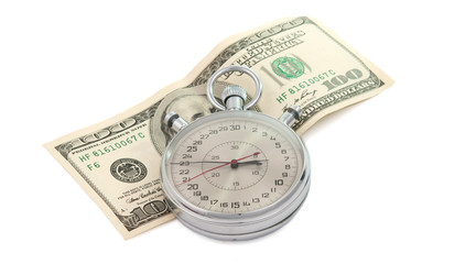 stopwatch with dollar bill isolated
