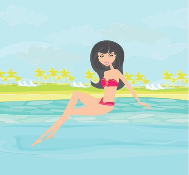 vector image of girl and tropical pool