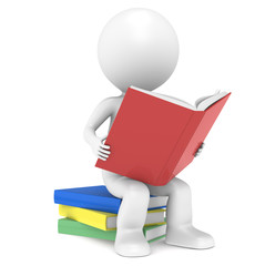 3D little human character sitting on a pile of Books, reading