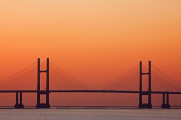 Bridge over the Severn between England and Wales at dusk