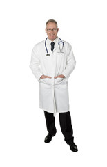 Smiling doctor standing on white