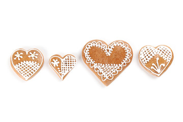 Gingerbread hearts on white background