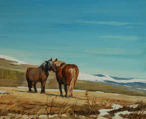 Horses in the French Pyrenees, painting by oil on a canvas, illu - 38278717