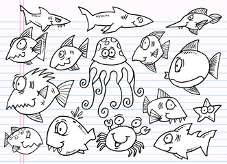Notebook Doodle Sketch Ocean Animals Vector Set
