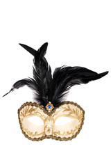 Gold and black feathered mask white with clipping path.