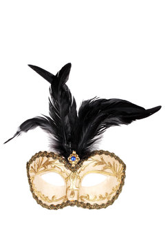 Gold And Black Feathered Mask White With Clipping Path.