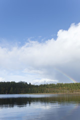 Swedish lake with rainbow,  wide angle photo