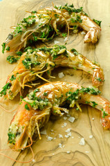 shrimp on olive wood