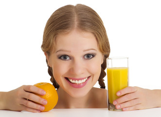 beautiful happy cheerful girl with orange juice