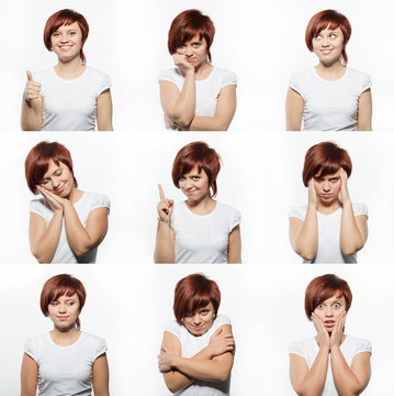 Collage of young woman face expressions composite