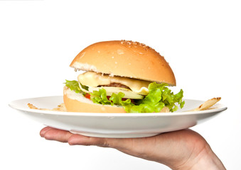 cheeseburger in hand isolated