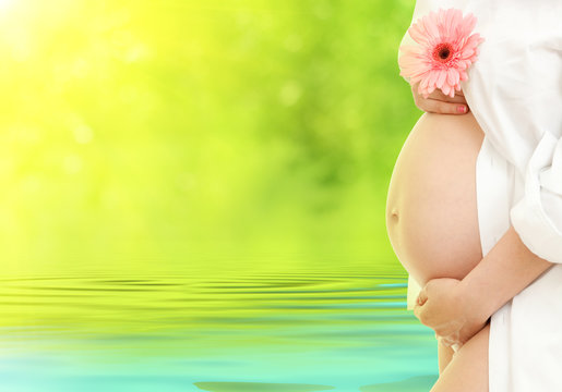 pregnant woman outdoor with pink daisy flower