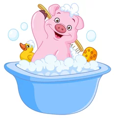 Poster Ferme Cochon prenant un bain