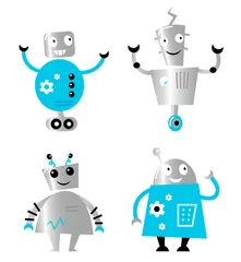 Photo sur Plexiglas Robots Ensemble de robots rétro mignons isolés sur blanc (bleu et métal)