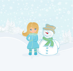 Little girl and snowman card