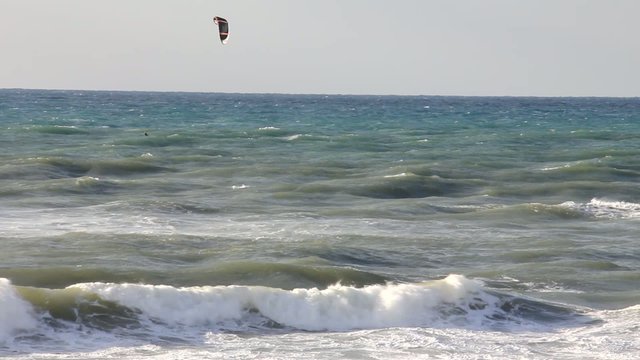 Kitesurfing in the winter sea