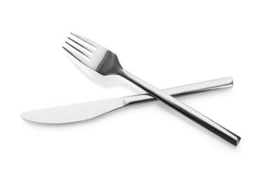Silver fork and knife isolated on white