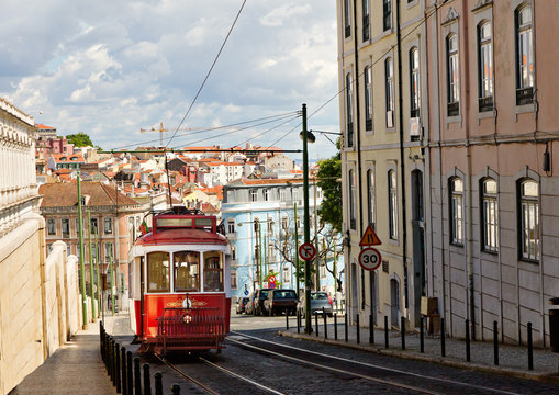 historic classic red tram of Lisbon