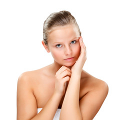 Portrait of young, attractive woman isolated on white background