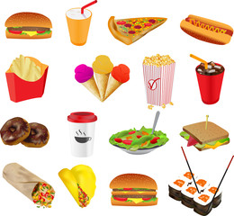 Fastfood cafe colourful vector icons set
