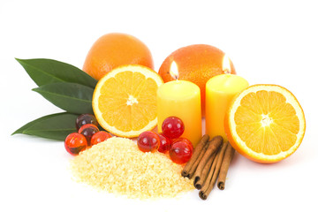 orange bath salt with fresh fruits - beauty treatment
