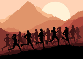 Fototapeta premium Marathon runners in wild nature mountain landscape
