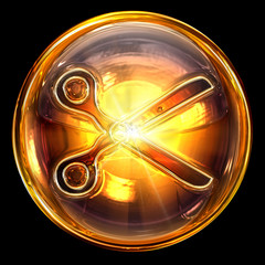 Scissors icon golden, isolated on black background