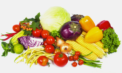 tomatoes, eggplants, vegetable marrows, pepper,  onions, corn