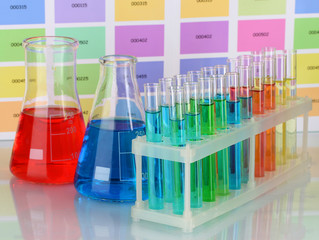 Test-tubes and flasks with color liquid