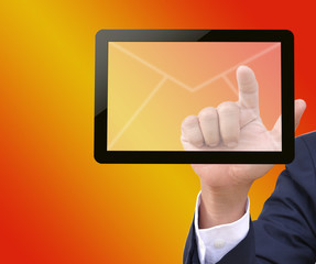 Hands with world mail delivery on world map background