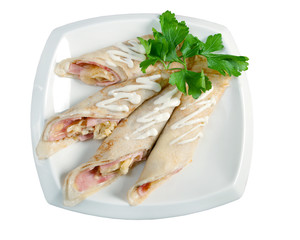rolled pancakes stuffed ham and cheese.