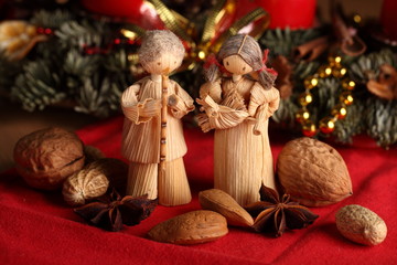 Girl and boy with a flute - two figures - Christmas decoration