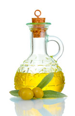 olive oil in jar and olives isolated on white